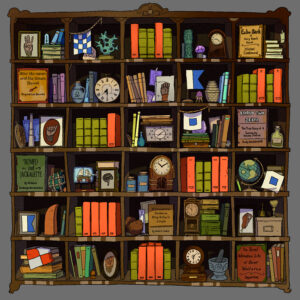 Colorful illustration of a bookshelf with clocks and statuettes and other hidden puzzle elements.